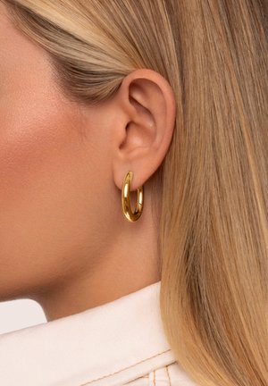 Orecchino a cerchio in oro con finitura lucida, caratterizzato da una forma circolare e una texture liscia, messo in mostra su uno sfondo neutro con capelli.
