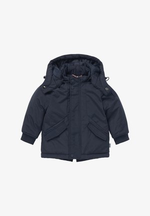 Parka invernale per bambini di colore blu navy con cappuccio, cerniera frontale coperta da patta con bottoni a pressione, due tasche diagonali con patta e polsini a costine.