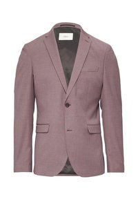 Marynarka w stonowanym mauve'owym kolorze, z pojedynczym zapięciem na guzik, klapami, dwoma przednimi kieszeniami oraz kontrastową podszewką.