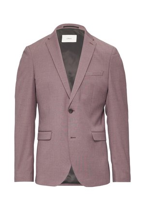 Marynarka w stonowanym mauve'owym kolorze, z pojedynczym zapięciem na guzik, klapami, dwoma przednimi kieszeniami oraz kontrastową podszewką.
