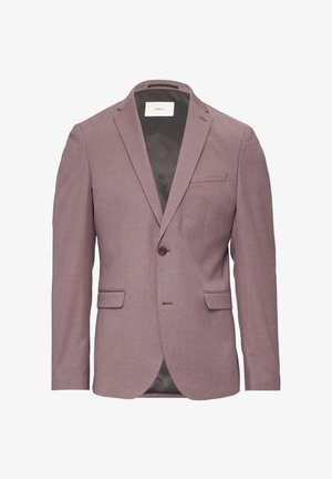 Blazer van gemutste mauve stof, met een enkele knoop, ingezette revers, twee voorzakken en een contrasterende binnenvoering.