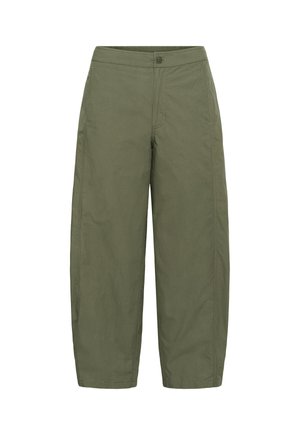 Pantalon large taille haute vert olive avec fermeture à boutons et glissière devant, poches latérales et coutures surpiquées.