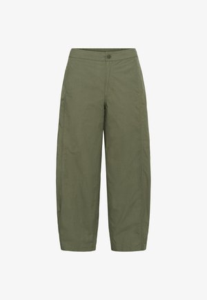 Pantalon large taille haute vert olive avec fermeture à boutons et glissière devant, poches latérales et coutures surpiquées.