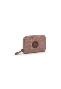 Brown corduroy zip wallet featuring a round logo emblem and geometric pattern. Compact design with textured surface and contrast stitching.