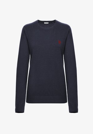 Maglione lavorato a maglia blu navy con maniche lunghe, scollatura rotonda e logo rosso sul lato sinistro del petto. Texture morbida e orli a coste.