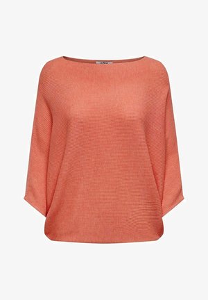 Haut en maille côtelée corail avec un large col bateau, une silhouette décontractée et des manches trois-quarts. Tissu texturé avec un détail subtil.