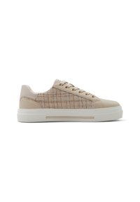Beiga sneakers med en texturerad tygpanel och slät tådel. Har snörning och en gummisula med en lätt platå. Guldiga detaljer.