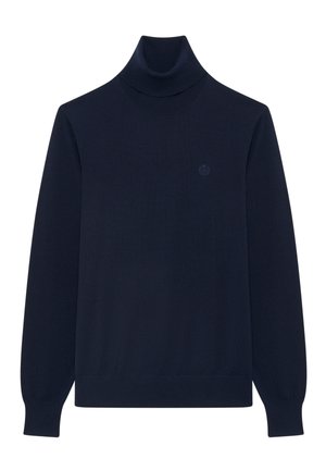 Marineblauwe coltrui gemaakt van een zachte gebreide stof, met lange mouwen, geribde manchetten en een klein, geperst logo op de borst.