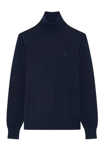 Suéter de cuello alto de color azul marino, confeccionado en un material de punto suave, con mangas largas, puños de canalé y un pequeño logotipo en relieve en el pecho.