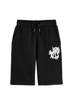 Schwarze Shorts mit Kordelzug, Seitentaschen und weißem, stilisiertem Schriftzug "AllSaints London" am linken Bein.