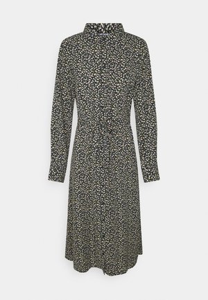 Robe noire avec un motif floral en rose, jaune et blanc. Elle possède un col, des manches longues, un devant à boutons et une taille cintrée.