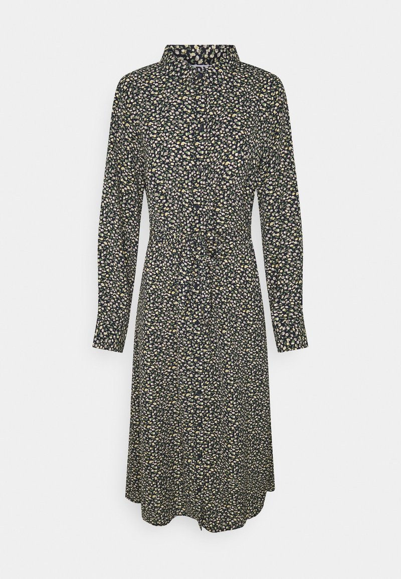 Robe noire à manches longues, longueur genou, avec un petit imprimé floral blanc et jaune, col à revers et boutonnage devant.