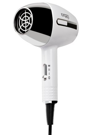 Secador de pelo de mano blanco y negro con interruptor para ajustes de potencia y cable de alimentación negro enrollado unido en la base del mango.