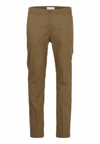 Brown tailored trousers with a slim fit, featuring a smooth texture, belt loops, and a single button closure at the waistband.
