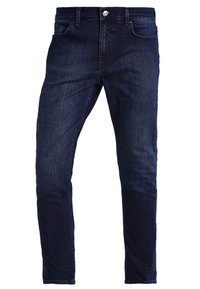 Dark blue denim jeans with a fitted style, featuring a classic five-pocket design and a front button closure. Smooth texture with slight fade.