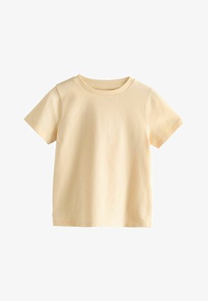 T-shirt di cotone giallo chiaro con scollo rotondo e maniche corte. Tessuto liscio e taglio semplice e classico. Nessun motivo o dettaglio.