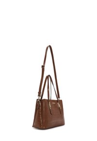Borsa in ecopelle effetto coccodrillo marrone con dettagli dorati, forma rettangolare strutturata, doppi manici per spalla e base piatta per la stabilità.