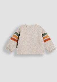 Sudadera gris de manga larga, con rayas horizontales de colores naranja, verde y amarillo en las mangas. Textura de tela suave.