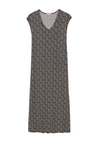 Vestido sin mangas en blanco y negro, con escote en V, con un patrón de líneas entrelazadas, de corte holgado, hasta la rodilla, y con una textura suave.