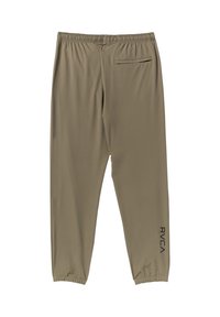 Kaki joggerbroeken met een elastische tailleband, taps toelopende enkels en een achterzak. Voorzien van een zwart logo op het linker been. Soepele stoftextuur.