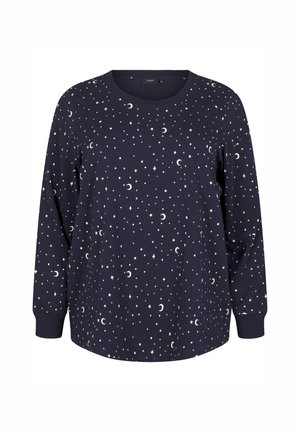 Marineblauw sweatshirt met lange mouwen, versierd met sterren en een halve maan in het wit. Gemaakt van zacht materiaal, met een ronde hals en een losse pasvorm.