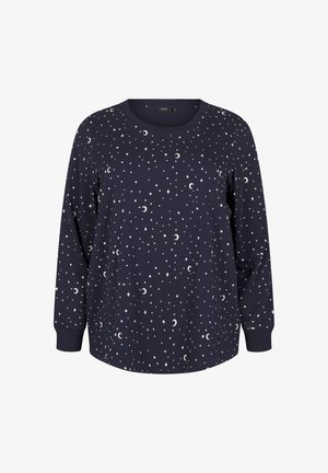 Marineblauw sweatshirt met lange mouwen, versierd met sterren en een halve maan in het wit. Gemaakt van zacht materiaal, met een ronde hals en een losse pasvorm.