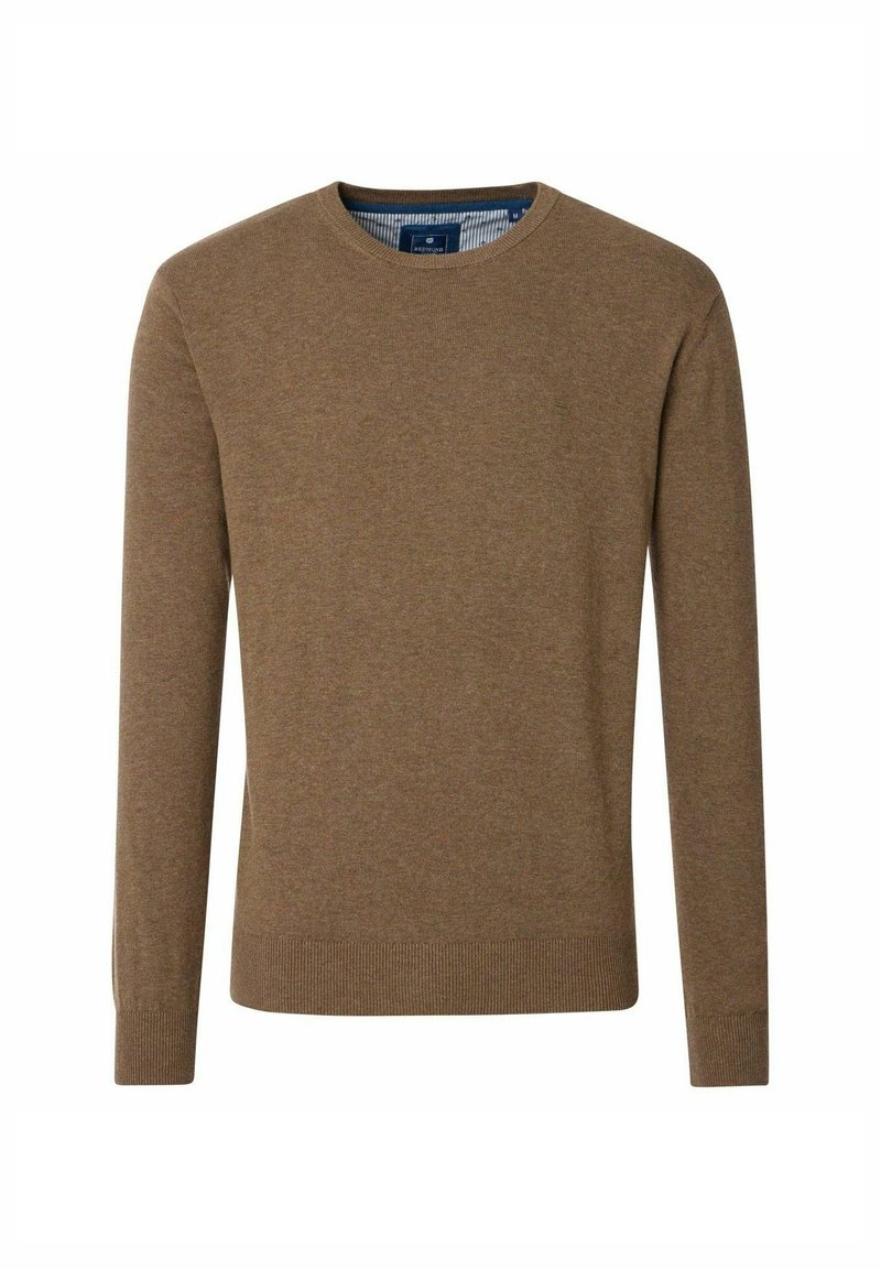 Brauner, langärmeliger Pullover mit Rundhalsausschnitt. Glatte Textur, gerippte Bündchen und Saum, mit einer kontrastierenden blauen und weißen Kragenverkleidung.