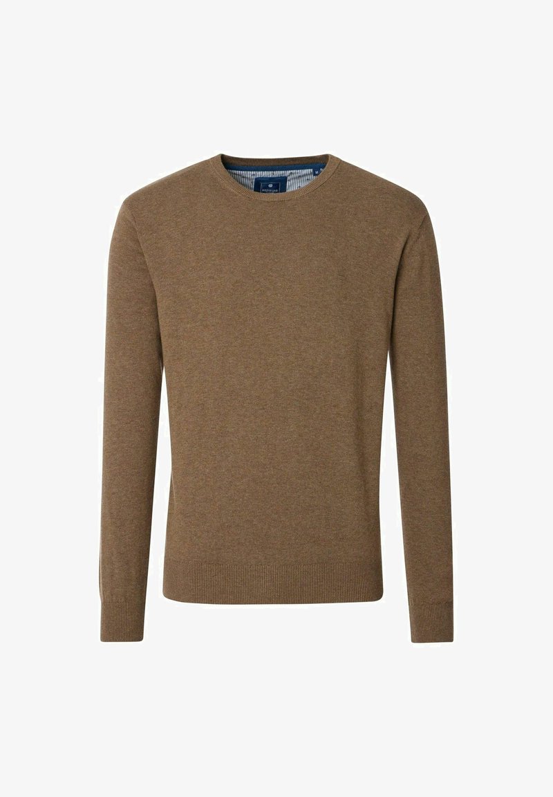 Brauner, langärmeliger Pullover mit Rundhalsausschnitt. Glatte Textur, gerippte Bündchen und Saum, mit einer kontrastierenden blauen und weißen Kragenverkleidung.