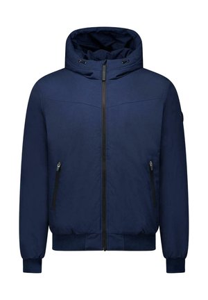 Donkerblauwe capuchonjas met ritssluiting aan de voorkant, twee zijzakken met ritssluiting, geribde manchetten en zoom.