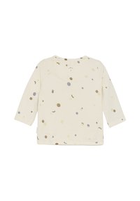Cremefarbendes Langarmbabyshirt mit verstreuten kleinen Punkten in Beige, Braun und Grau.
