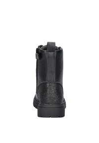 Zwarte leren enkelboot met een gestructureerde achterkant, glinsterende hielaccent en zijrits. Dikke zool voor extra grip en duurzaamheid.