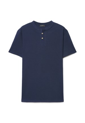 Navy blue short-sleeve Henley shirt with two wooden buttons and a round neckline on a white background.