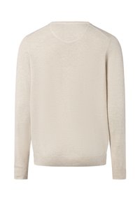 Jasno beżowy sweter dzianinowy, okrągły dekolt, długie rękawy, miękka tekstura, ściągacze u dołu i na mankietach, jednolity kolor, prosty design bez ozdób.