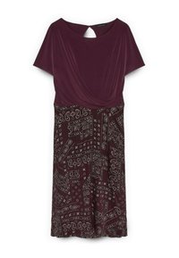 Rochie mov cu mânecă scurtă, cu un decolteu tip înfășurare și fustă cu modele paisley și geometrice.