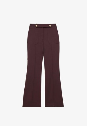 Hoge taille donker maroon wijde pijpen broek met voorzakken en twee gouden decoratieve knopen op de tailleband.