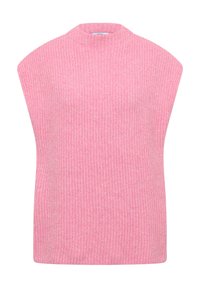 Vaaleanpunainen neulottu paita, jossa on korkea kaula-aukko ja leveä olkasuunnittelu. Sisältää ribbikuvion koko matkalta. Ei näkyviä kiinnitysmekanismeja tai kuvioita.