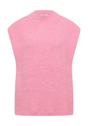 Top rosa lavorato a maglia con collo alto e ampia progettazione delle spalle. Presenta una texture a costine su tutta la superficie. Nessun dispositivo di chiusura o motivo visibile.