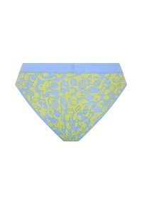 Culotte de bikini en coton avec un waistband bleu clair et un motif de visages souriants jaunes sur un fond bleu ; texture douce et coupe ajustée.