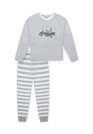 Grauer Langarmoberteil mit dem Text "dream" und einem Sternenmotiv. Passende gestreifte Schlafanzughose in Grau und Weiß mit Bündchen an den Knöcheln.