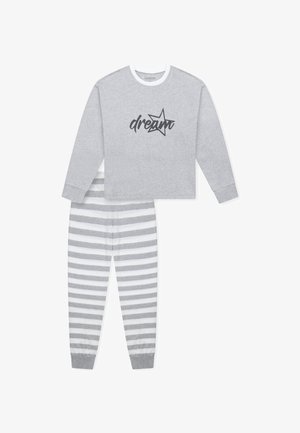 Grauer Langarmoberteil mit dem Text "dream" und einem Sternenmotiv. Passende gestreifte Schlafanzughose in Grau und Weiß mit Bündchen an den Knöcheln.