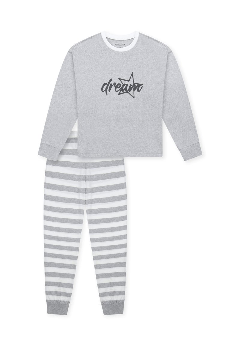 Grijze lange mouwen top met de tekst "droom" en een stergrafiek. Bijpassende gestreepte grijze en witte pyjamabroek met boorden bij de enkels.
