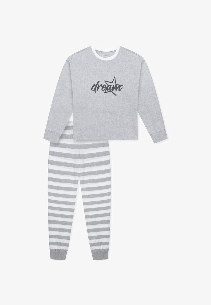 Grauer Langarmoberteil mit dem Text "dream" und einem Sternenmotiv. Passende gestreifte Schlafanzughose in Grau und Weiß mit Bündchen an den Knöcheln.