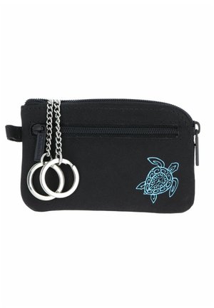 Small black zippered pouch with two silver key rings on chains and a blue tribal-style turtle design on front corner.