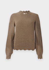 Brun strikket genser med lange ermer, bølgekant på halsen og bunnen, teksturert stoff, med ribbede detaljer på ermeendene.