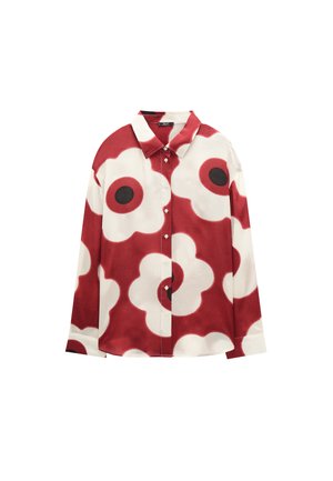 Koszula na guziki z długim rękawem, ozdobiona dużymi białymi i czerwonymi wzorami kwiatów z czarnymi środkami na czerwonym tle.