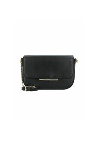 Borsa a mano in pelle nera con design piatto, hardware in tonalità oro e tracolla rimovibile. Texture liscia e linee pulite.
