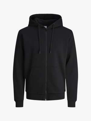 Sort zip-up hoodie lavet af sweatshirt-stof. Har en hætte med snoretræk, forlommer, ribbede manchetter og talje. Glat tekstur.