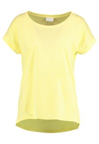 T-shirt giallo a maniche corte realizzato in tessuto morbido, con scollatura rotonda e un orlo posteriore leggermente più lungo. Maniche con risvolto.
