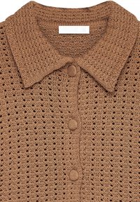 Brown knitted cardigan with a textured pattern, a collared neckline, and three buttons down the front. Label visible at the neck.