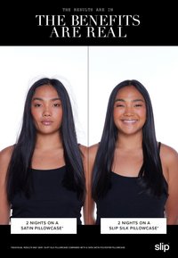 Frau mit langen schwarzen Haaren trägt ein schwarzes Tanktop und zeigt einen neutralen Gesichtsausdruck nach der Verwendung eines Satinkissenbezugs und einen lächelnden Ausdruck nach der Verwendung eines Seidenkissenbezugs von Slip.